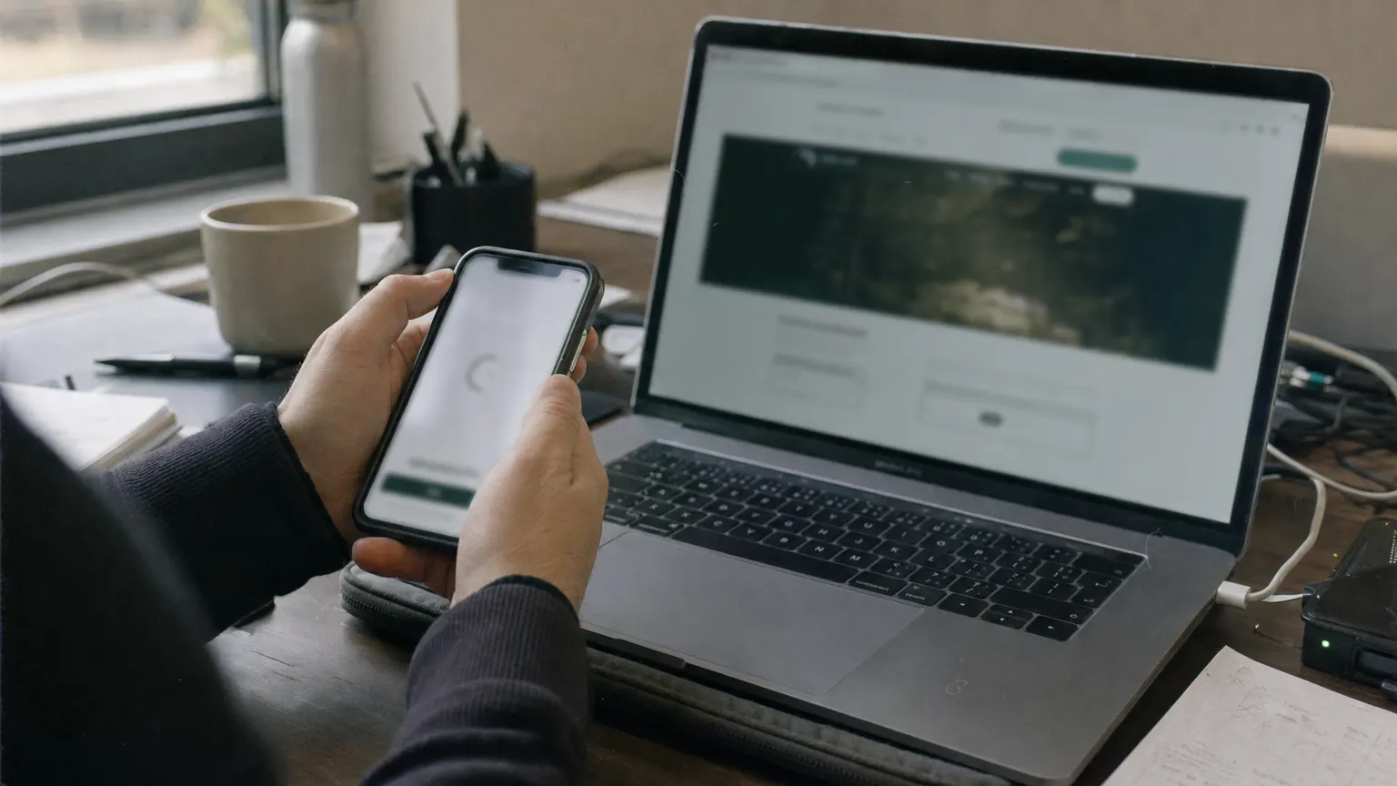 Handen controleren een website op smartphone naast laptop in klein kantoor