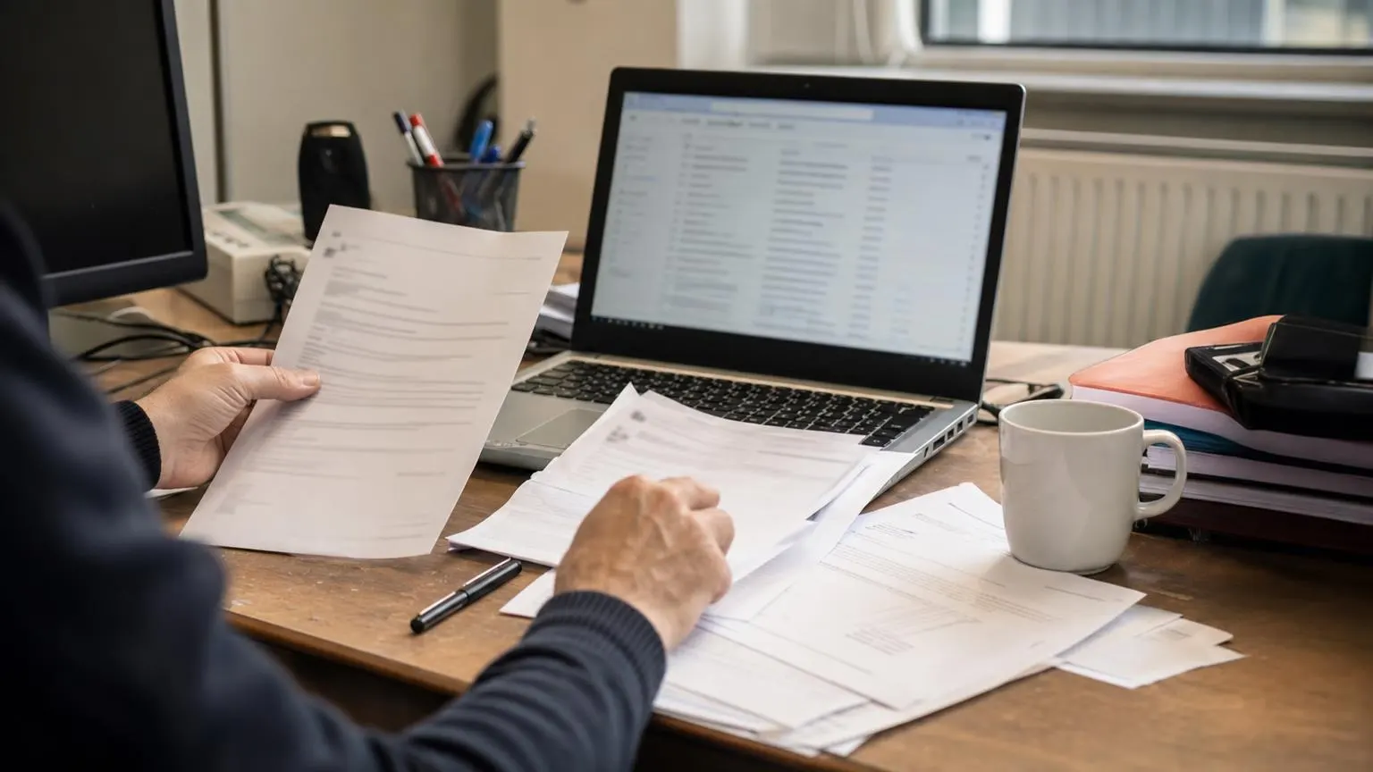 Medewerker sorteert zakelijke aanvragen in een Belgische kantooromgeving met laptop en papieren notities